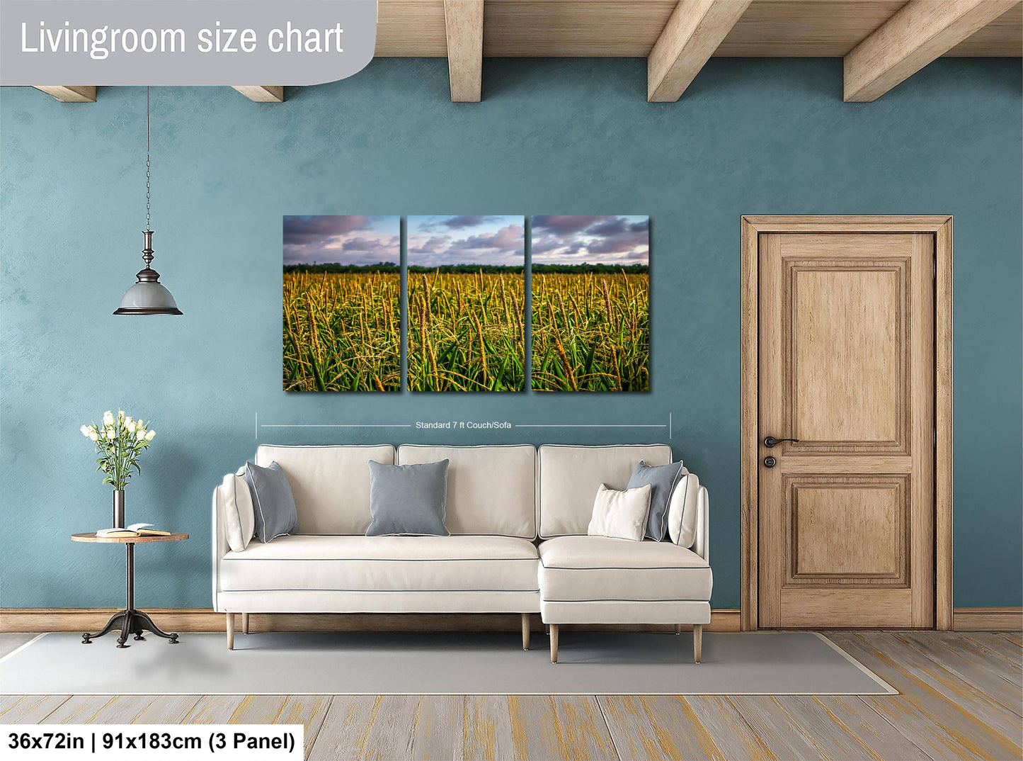 The image is a living room with a large living room size chart on the wall, a white sofa, a wooden door, and a small table with a vase of flowers.