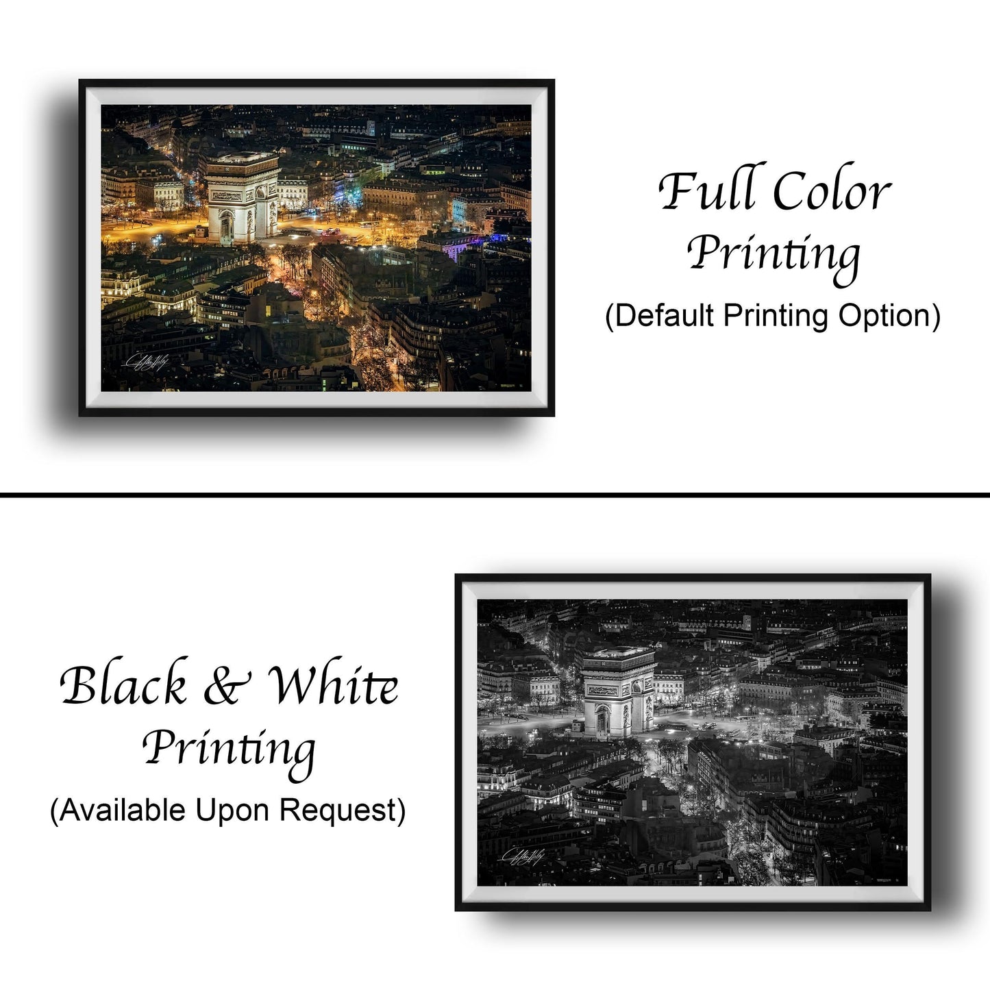 The image is a collage of two framed photographs. The top photograph is a full-color print of a city at night, while the bottom photograph is a black and white print of the same city. Both images are framed and available upon request.