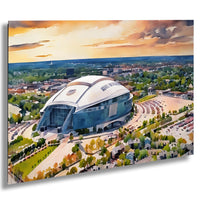 a large, curved stadium with a distinctive white roof, surrounded by a cityscape with buildings and greenery.