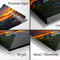 The image is a collage of four different images, each depicting a sunset over a lighthouse. The images are labeled as "Premium Paper", "Canvas Wrap", "Acrylic", and "Metal/Aluminum".