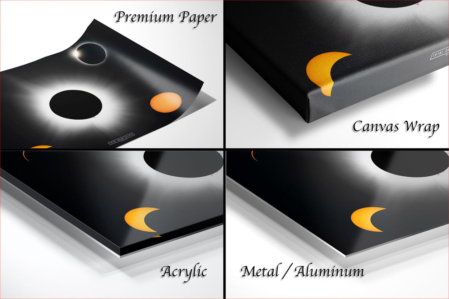 The image is a collage of four different images, each depicting a black background with yellow crescent moons and a solar eclipse. The images are labeled as &quot;Premium Paper&quot;, &quot;Canvas Wrap&quot;, &quot;Acrylic&quot;, and &quot;Metal/Aluminum&quot;.