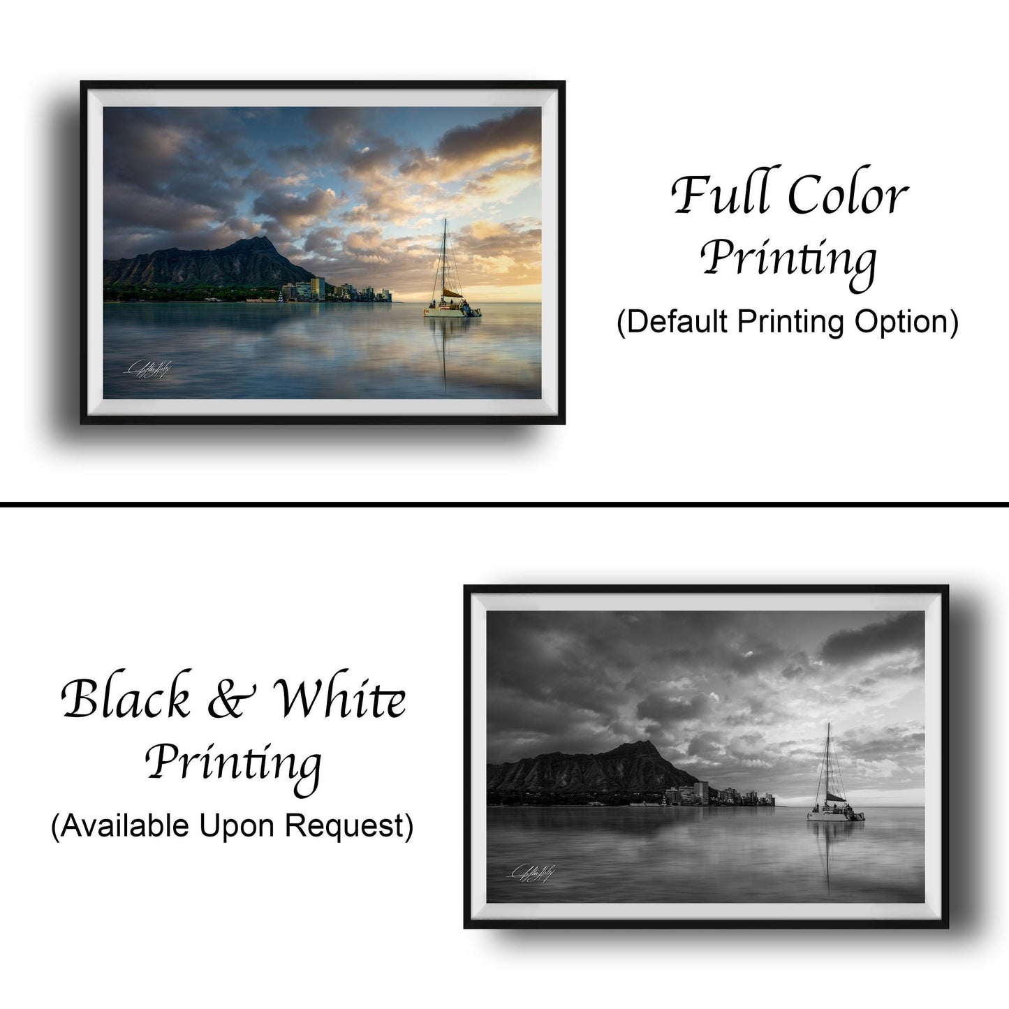 The image is a collage of two framed pictures. The top picture is a full color print of a seascape with a sailboat, while the bottom picture is a black and white print of the same seascape. Both pictures are framed and available upon request.