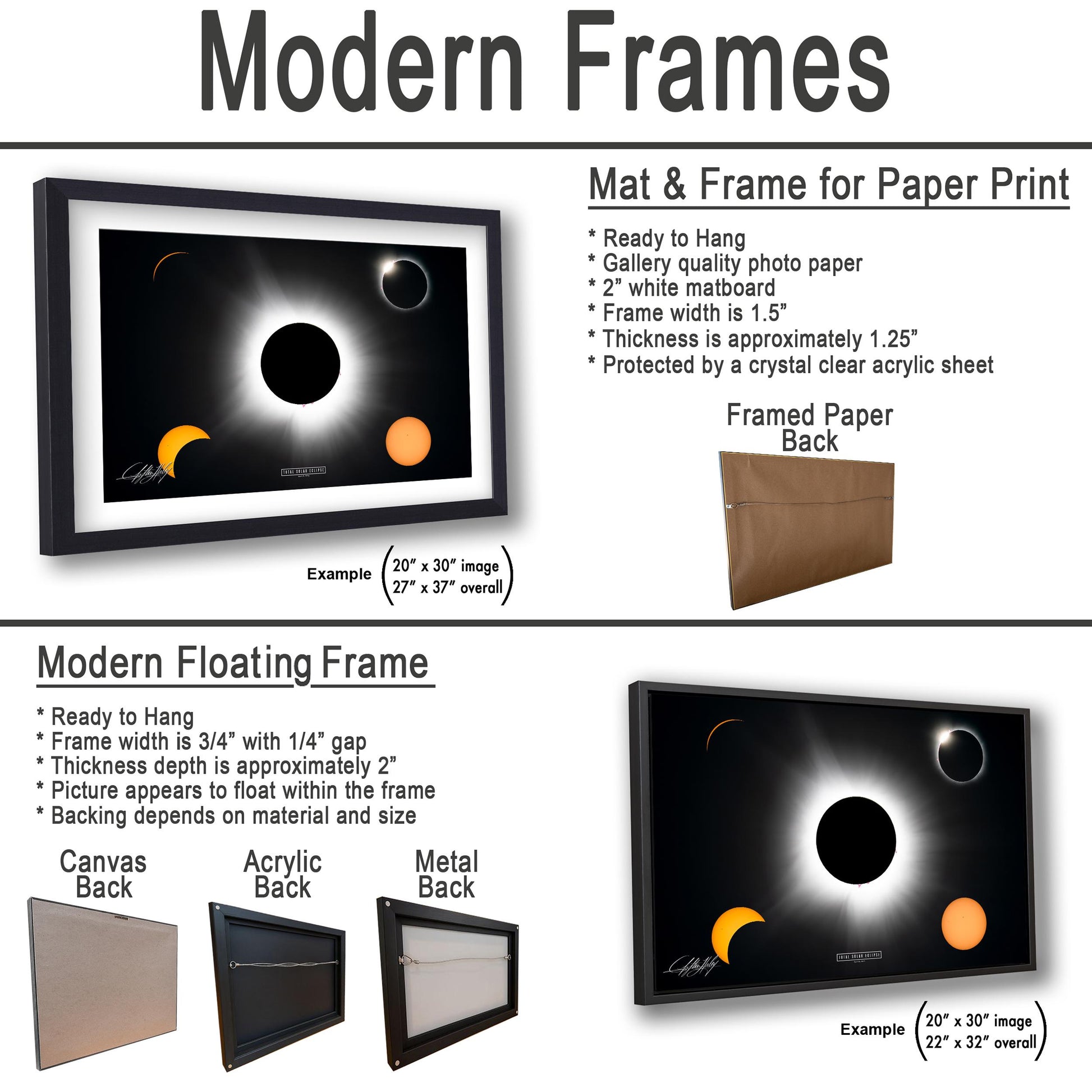 The image is a collage of three framed artworks, each with different frame types and backings. The first frame is a mat and frame for a paper print, the second frame is a modern floating frame, and the third frame is a mat and frame for a paper print.