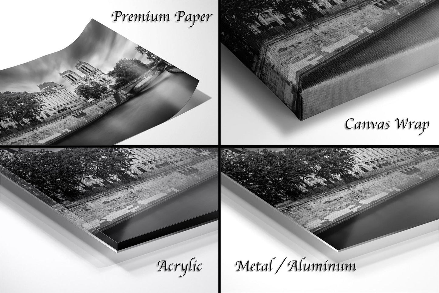 The image is a collage of four different photographs, each depicting a cityscape with buildings and trees. The photographs are labeled as "Premium Paper", "Canvas Wrap", "Acrylic", and "Metal/Aluminum".