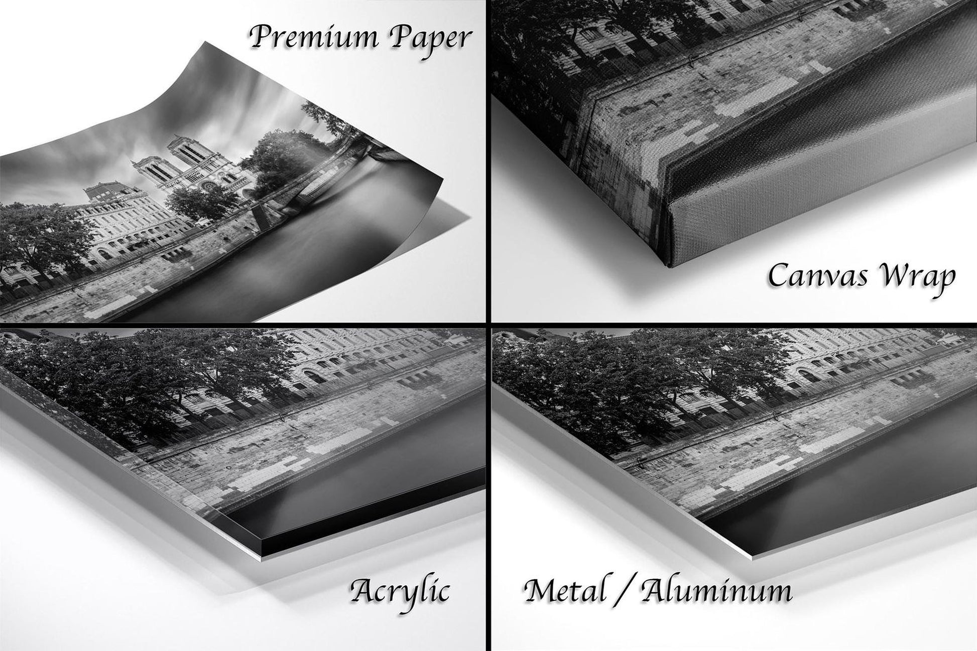 The image is a collage of four different photographs, each depicting a cityscape with buildings and trees. The photographs are labeled as "Premium Paper", "Canvas Wrap", "Acrylic", and "Metal/Aluminum".