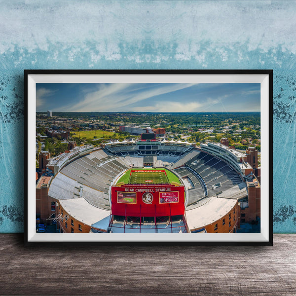 The image is a framed photograph of a football stadium, specifically Dokan Campbell Stadium, with a cityscape in the background.