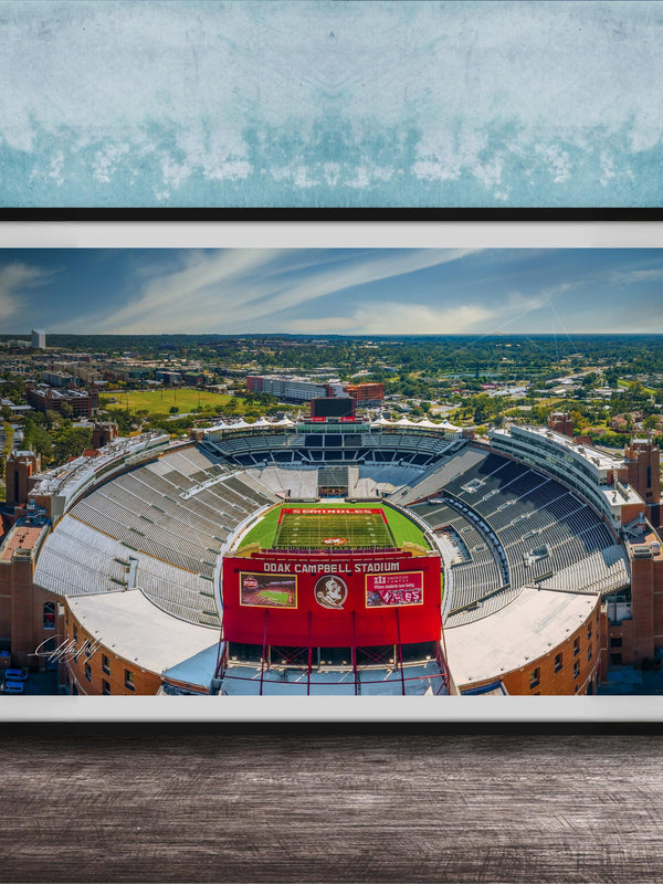 The image is a framed photograph of a football stadium, specifically Dokan Campbell Stadium, with a cityscape in the background.