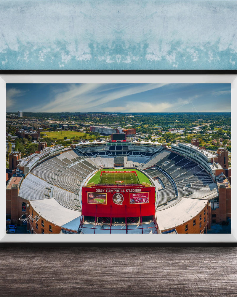 The image is a framed photograph of a football stadium, specifically Dokan Campbell Stadium, with a cityscape in the background.