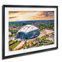 a large, curved stadium with a distinctive roof, surrounded by a lush, green landscape with trees and buildings in the distance.