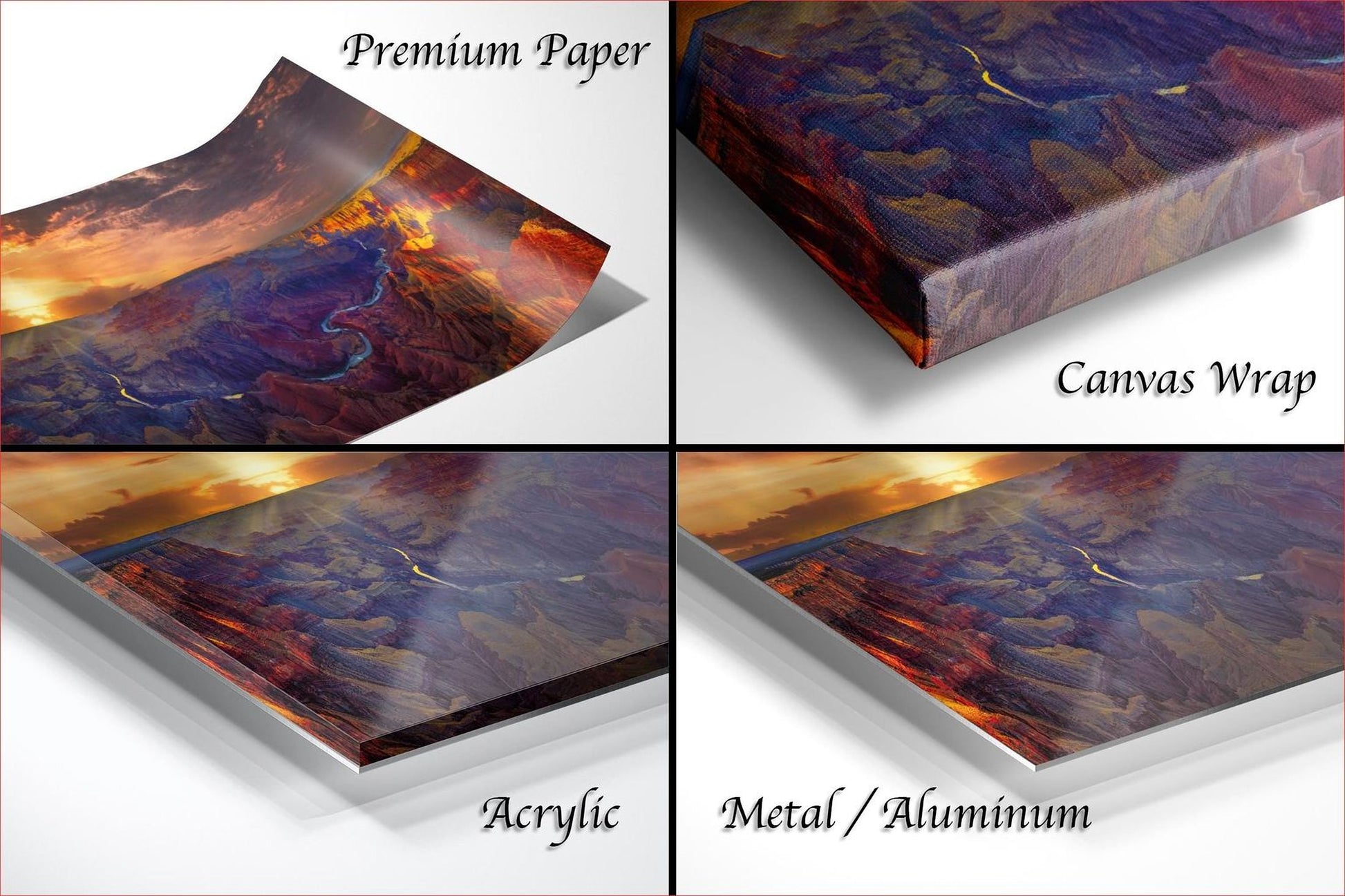 The image is a collage of four different images, each depicting a landscape with mountains, valleys, and a sunset. The images are labeled as "Premium Paper", "Canvas Wrap", "Acrylic", and "Metal/Aluminum".