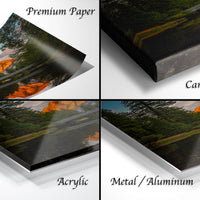 The image is a collage of four different types of print materials, including premium paper, canvas wrap, acrylic, and metal/aluminum.