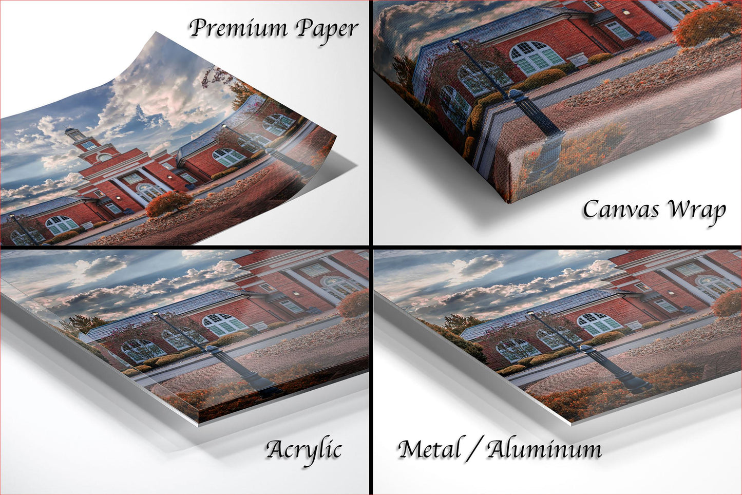 The image is a collage of four photos depicting a brick building with a clock tower, each with different text labels indicating the type of material used: "Premium Paper", "Canvas Wrap", "Acrylic", and "Metal/Aluminum".