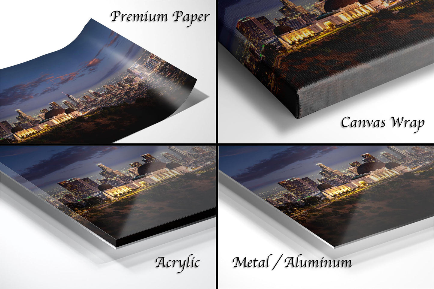 The image is a collage of four different views of a city skyline at night, showcasing the city's lights and architecture.