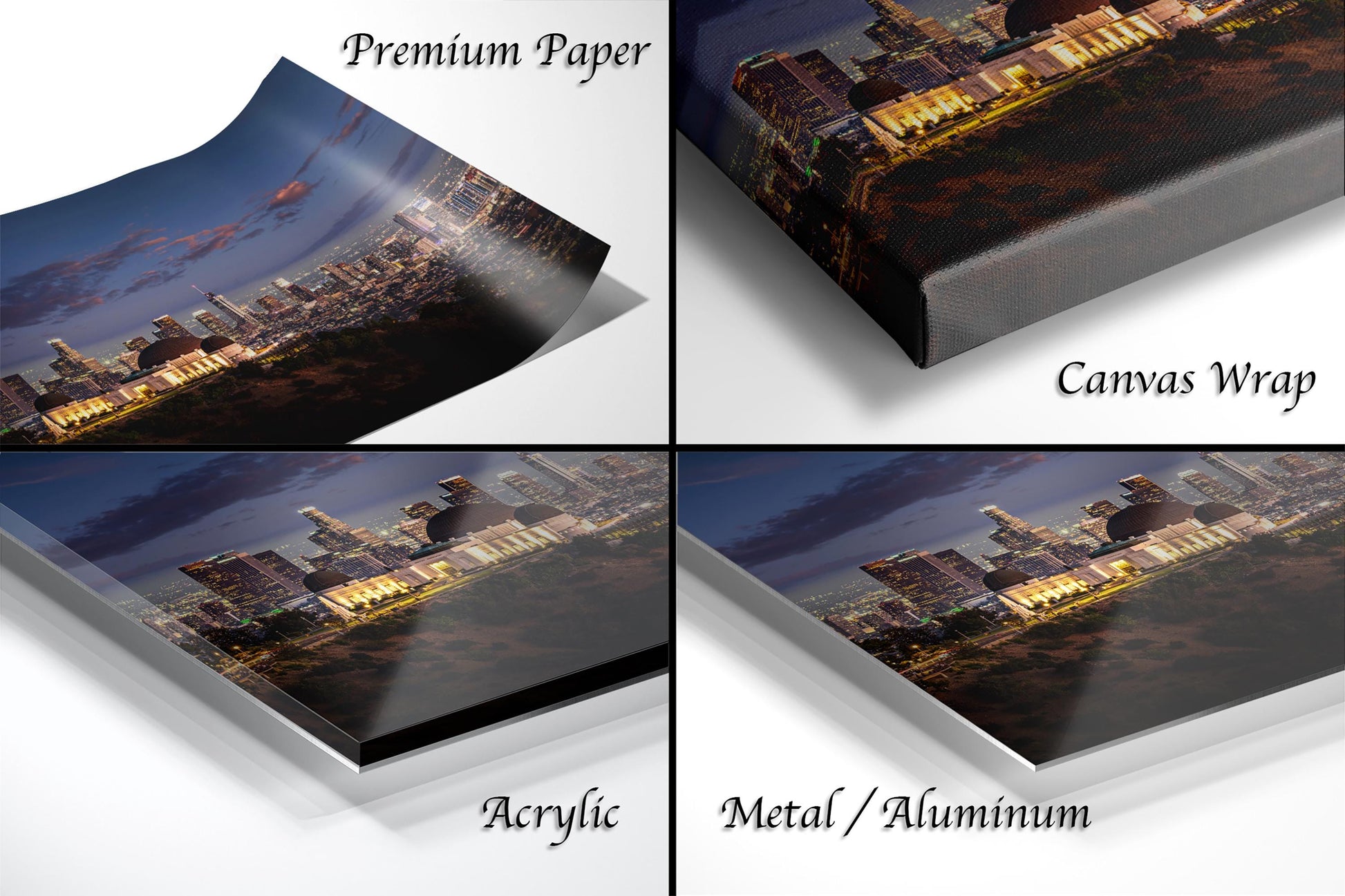 The image is a collage of four different views of a city skyline at night, showcasing the city's lights and architecture.