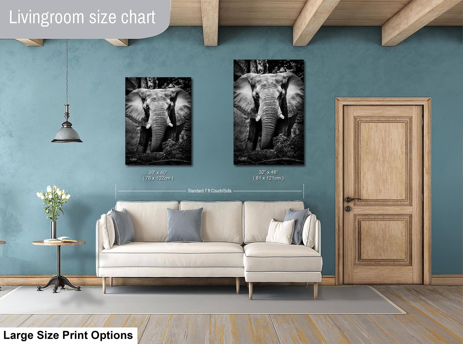 a living room with a white sofa and a wooden door. Above the sofa, there are two framed photographs of elephants, one larger than the other. The wall behind the sofa has a blue color, and there is a lamp hanging from the ceiling. The living room appears to be well-decorated and spacious.