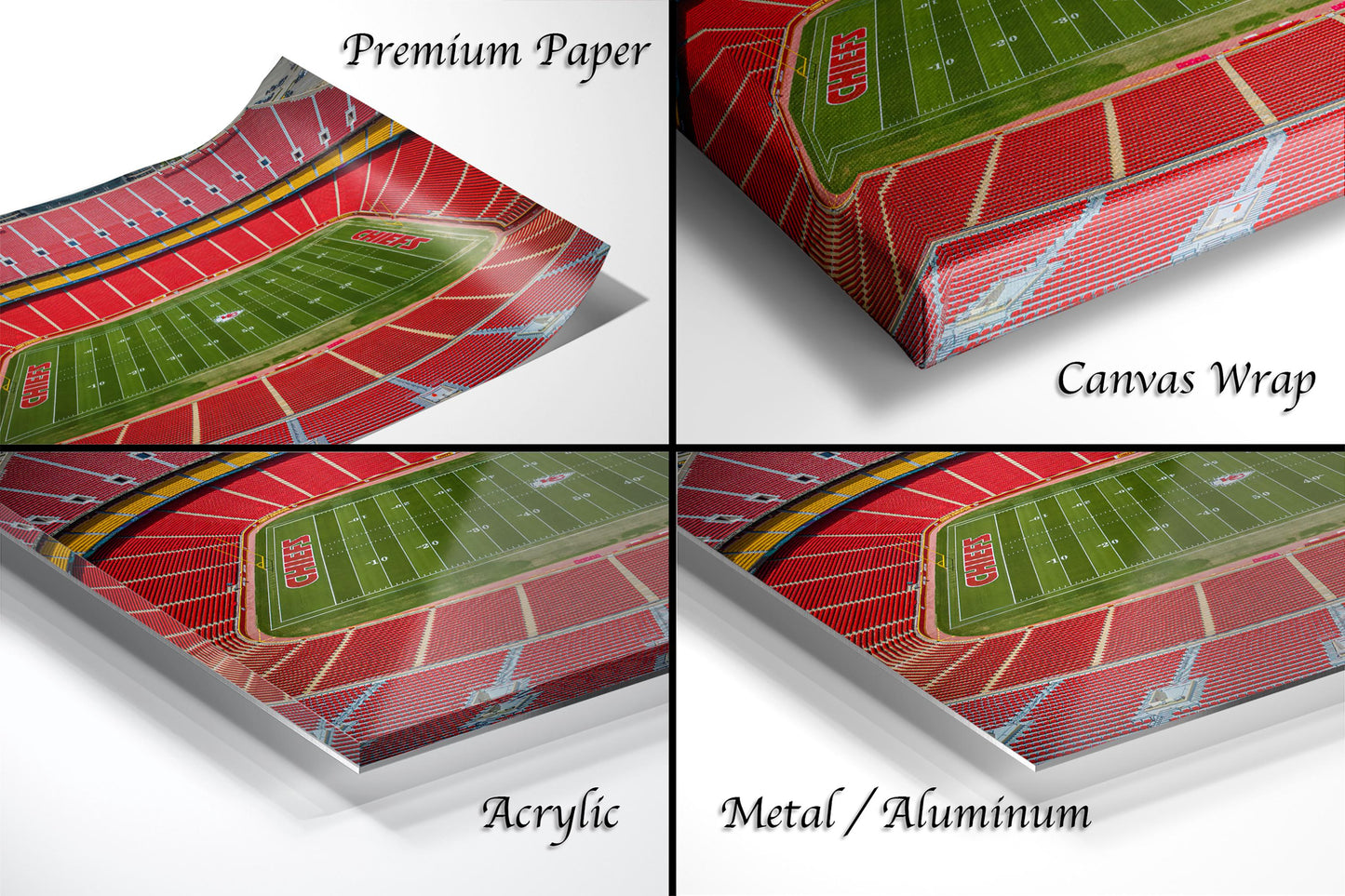 The image is a collage of four different views of a football stadium, each showing a different perspective of the field and seating areas.