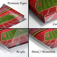 The image is a collage of four different views of a football stadium, each showing a different perspective of the field and seating areas.
