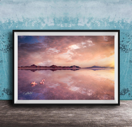 Bonneville Salt Flats Print – Pink Sunrise Photo Print With Mirror Reflection Art