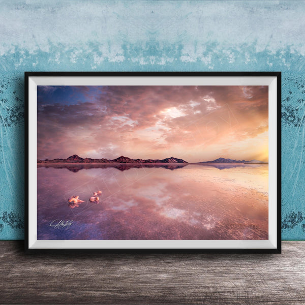 Bonneville Salt Flats Print – Pink Sunrise Photo Print With Mirror Reflection Art