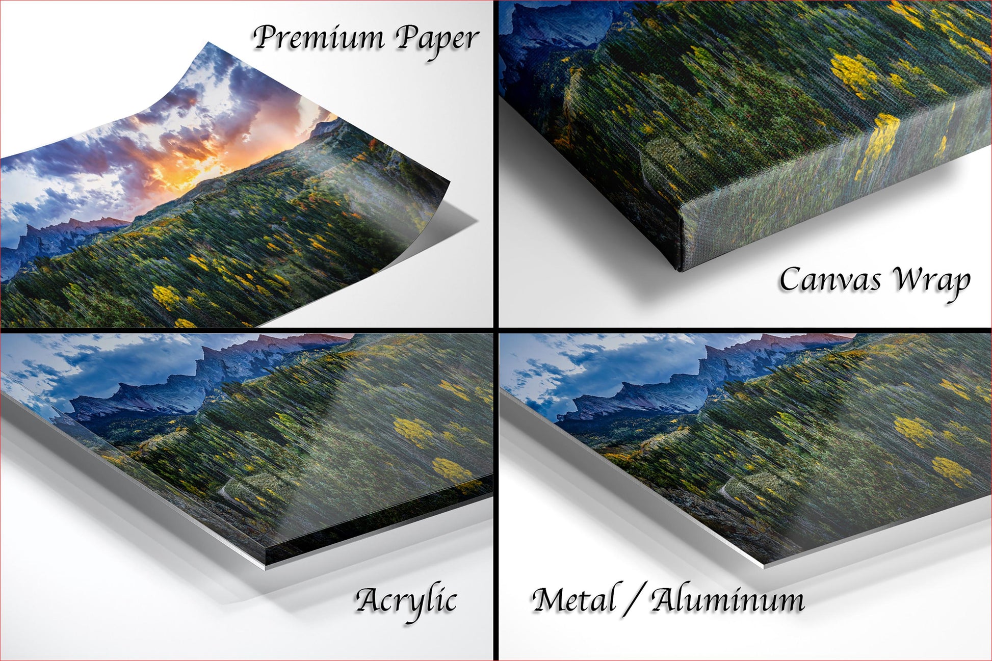 The image is a collage of four different images, each depicting a landscape scene. The images are labeled as "Premium Paper", "Canvas Wrap", "Acrylic", and "Metal/Aluminum".