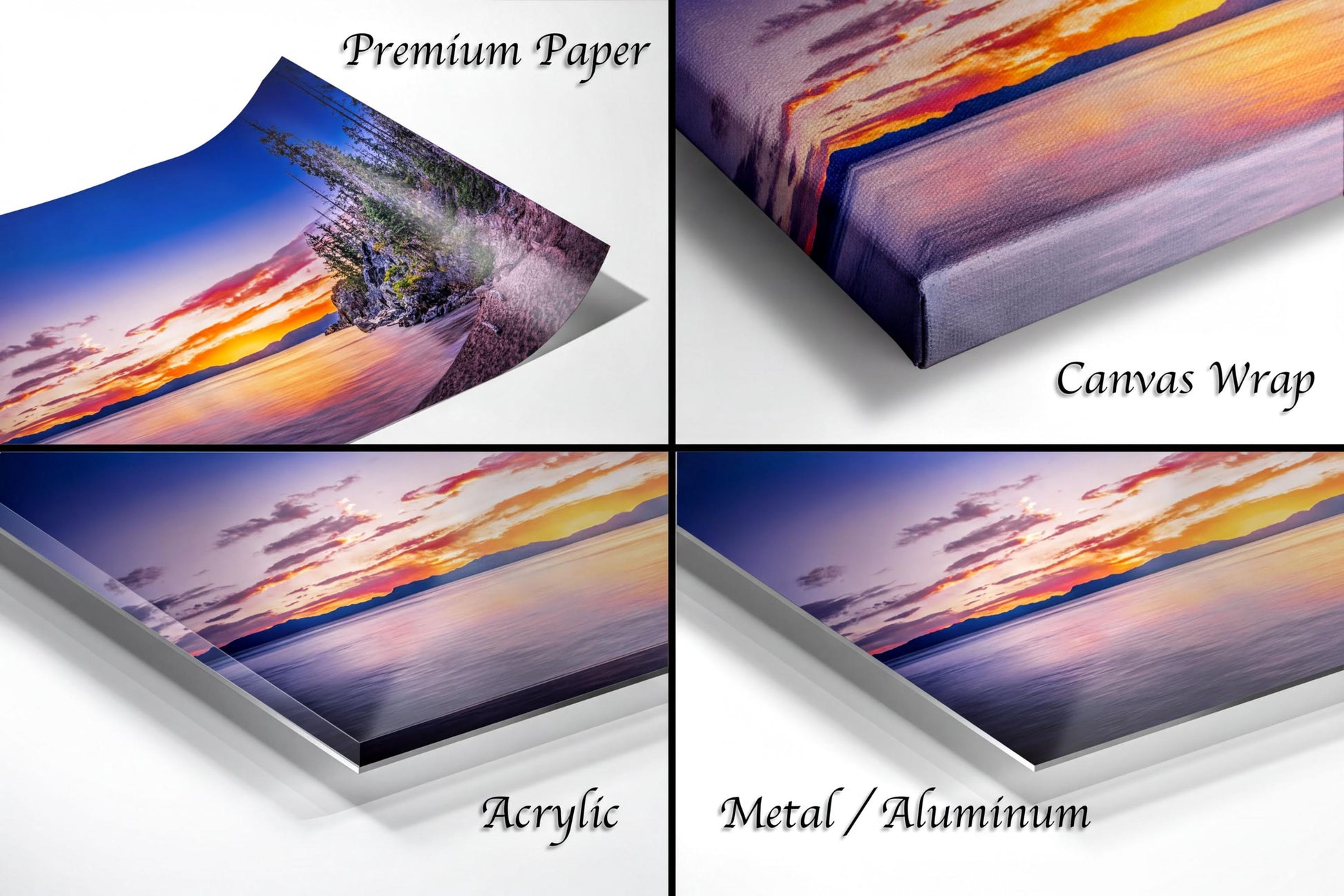 The image is a collage of four different images, each depicting a sunset over a body of water. The images are labeled as "Premium Paper", "Canvas Wrap", "Acrylic", and "Metal/Aluminum".