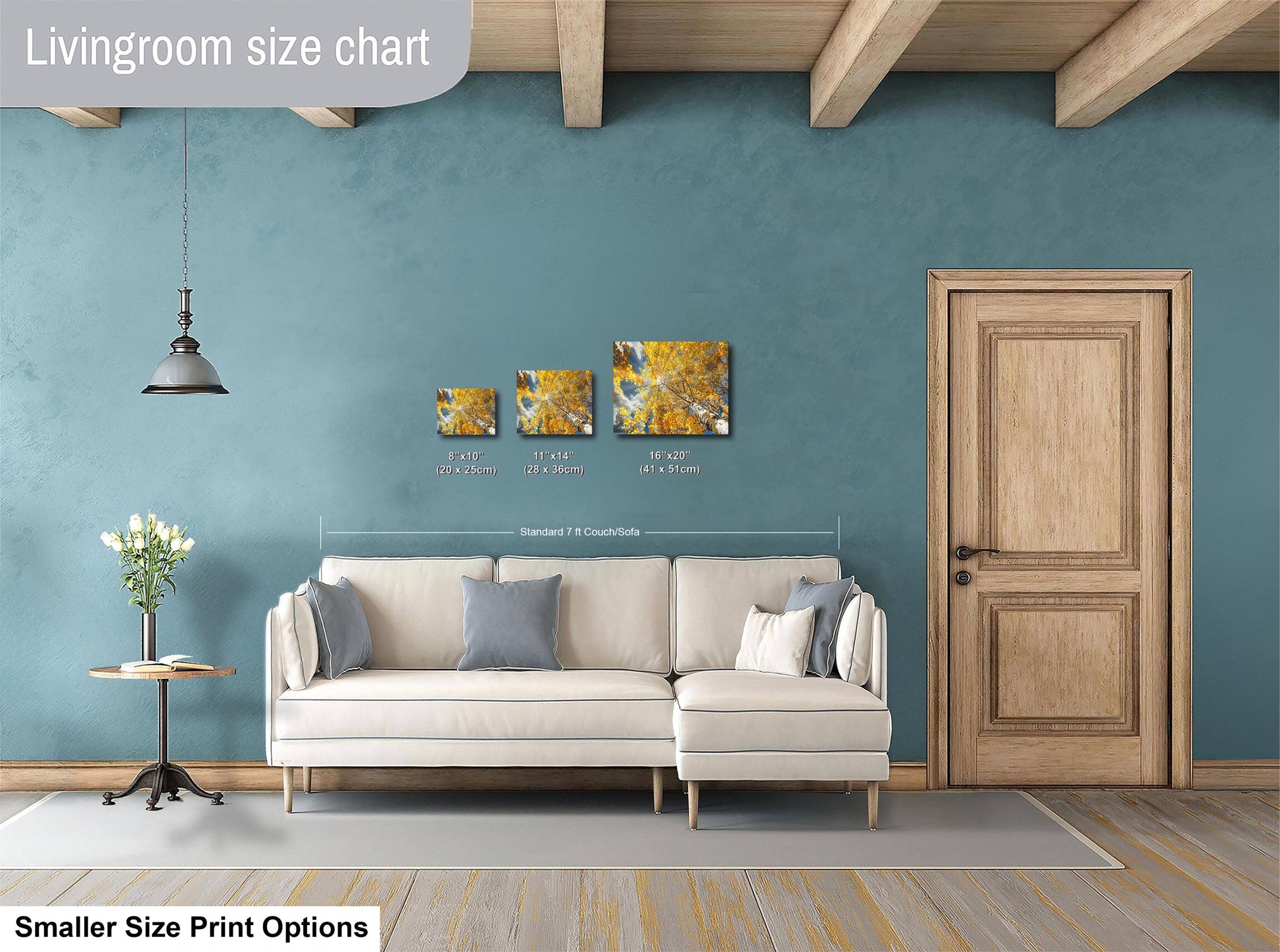 a living room with a white sofa, a wooden door, and a painting on the wall. The sofa is positioned in front of the door, and there is a lamp hanging from the ceiling. The painting is displayed on the wall above the sofa.