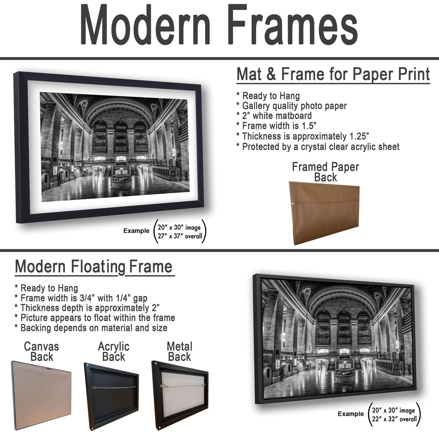 The image is a collage of multiple images, including a framed paper back, a modern floating frame, and a mat & frame for paper print.