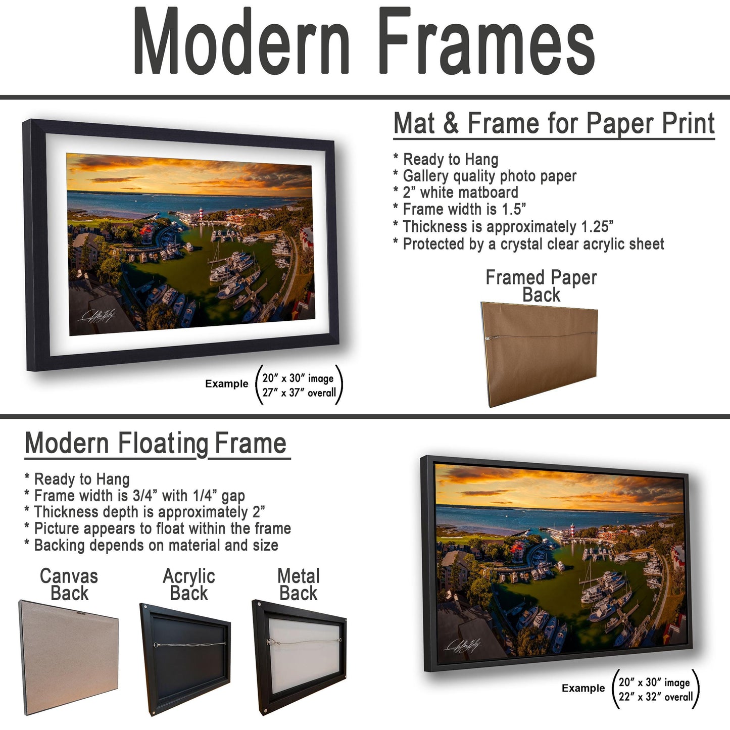 The image is a collage of three framed artworks, each with a different frame and backing material. The first frame is a mat and frame for a paper print, the second frame is a modern floating frame, and the third frame is a mat and frame for a canvas print.