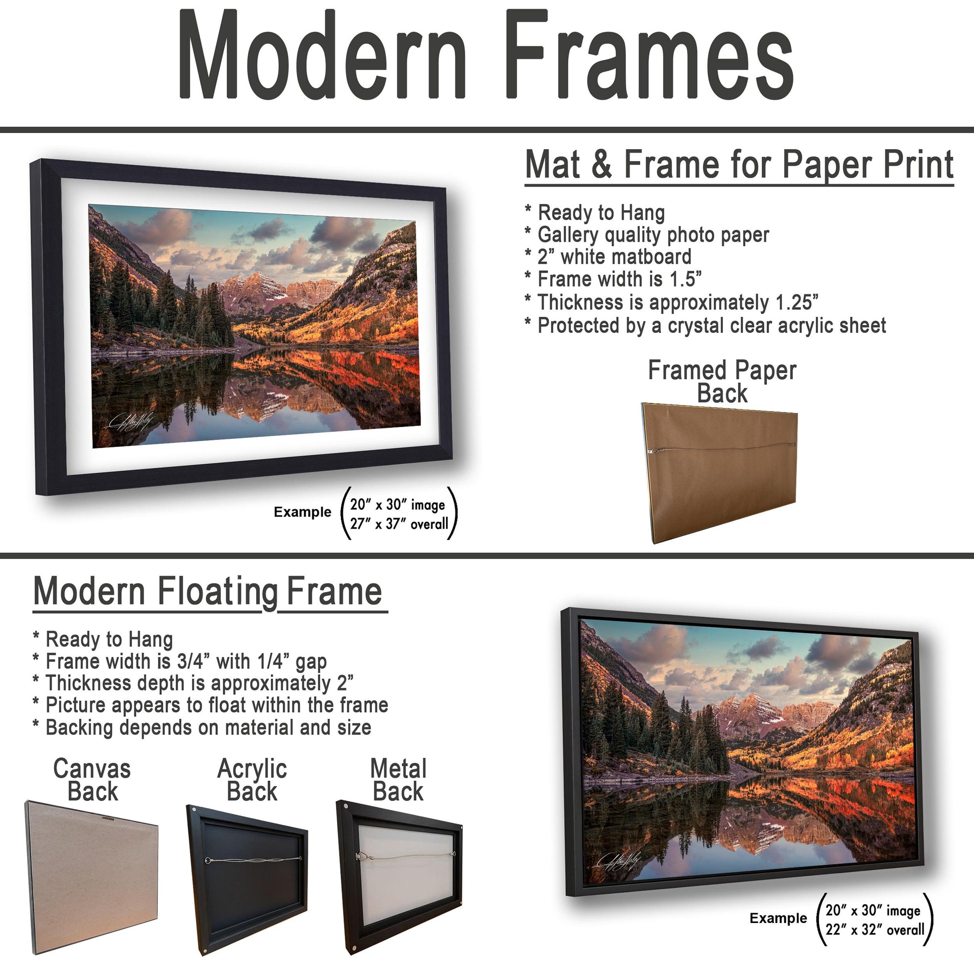 The image is a comparison of modern frames for different types of artwork, including a mat and frame for paper print, a framed paper back, and a modern floating frame.