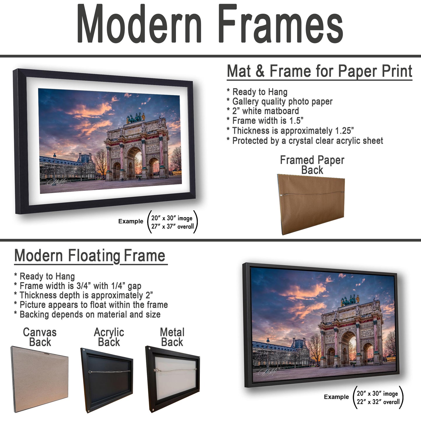 The image is a collage of two framed pictures, one of a modern floating frame and the other of a mat and frame for paper print. The collage features a variety of frames and mat and frame options, including different sizes and materials.