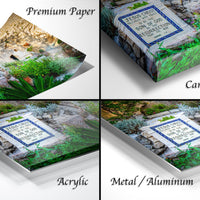 four different views of a stone wall with a sign that reads "Jesus Christ is the Son of God, Son of God rose up". The images are labeled as "Premium Paper", "Canvas Wrap", "Acrylic", and "Metal/Aluminum".
