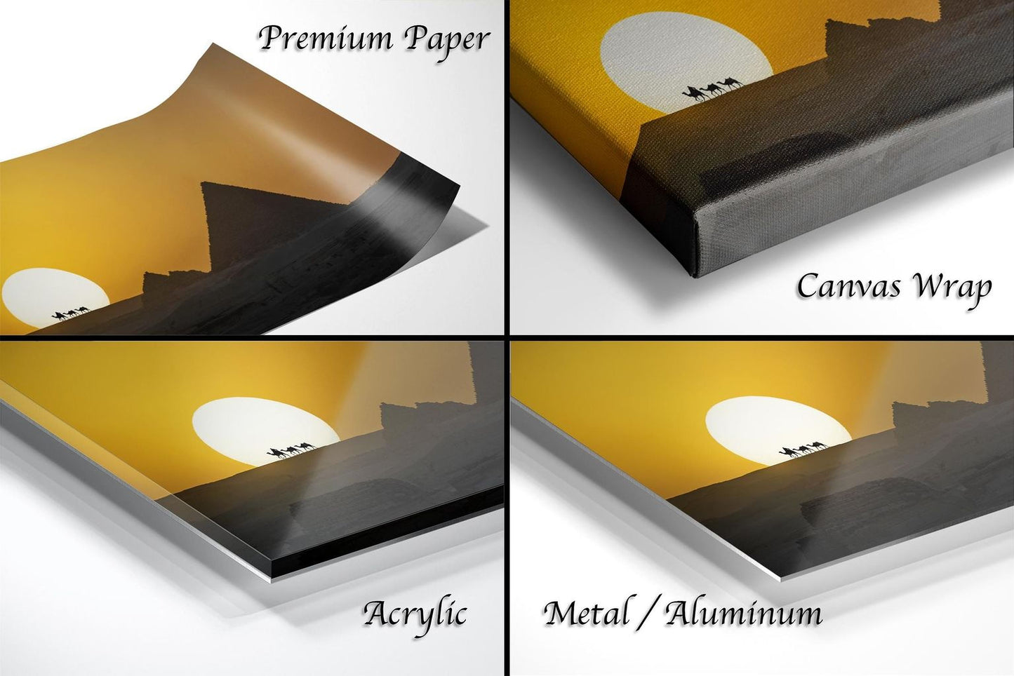 The image is a collage of four different images, each depicting a sunset landscape. The images are labeled as "Premium Paper", "Canvas Wrap", "Acrylic", and "Metal/Aluminum".