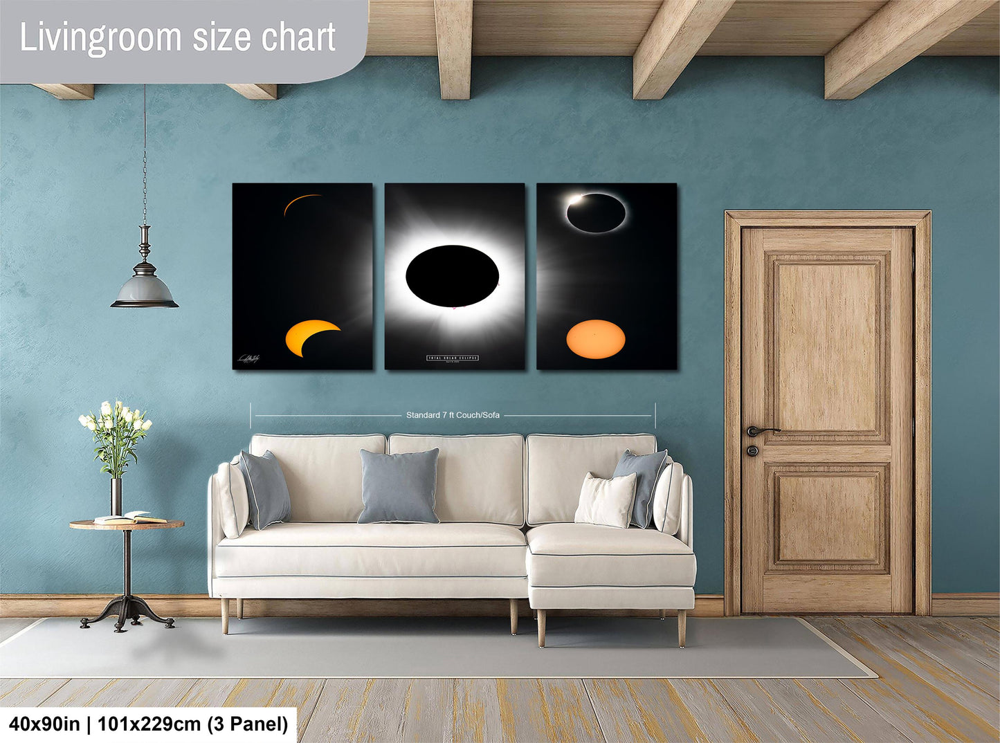 The image is a livingroom size chart that includes three panels depicting celestial events, such as a solar eclipse, a crescent moon, and a bright star.