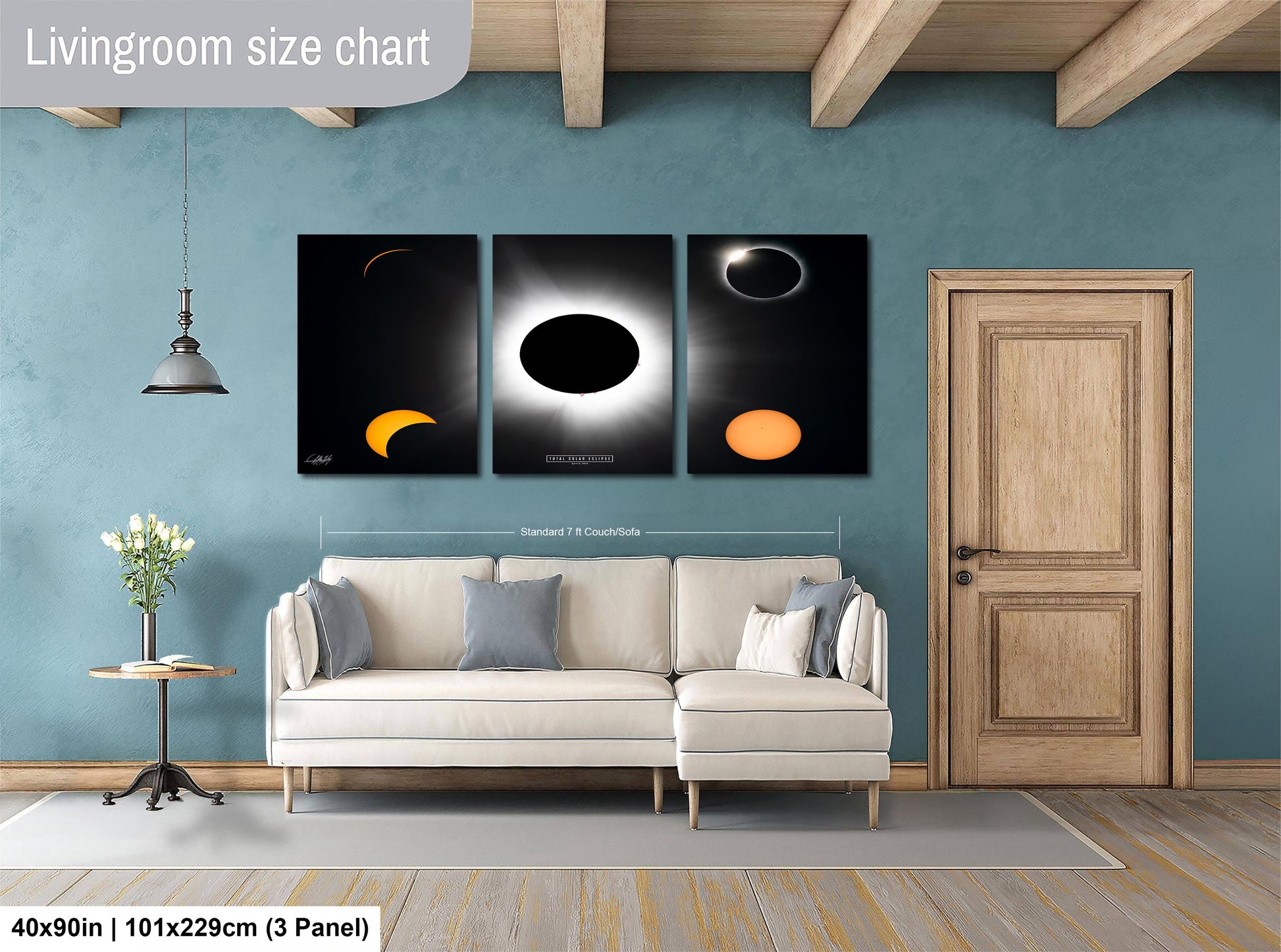 The image is a livingroom size chart that includes three panels depicting celestial events, such as a solar eclipse, a crescent moon, and a bright star.