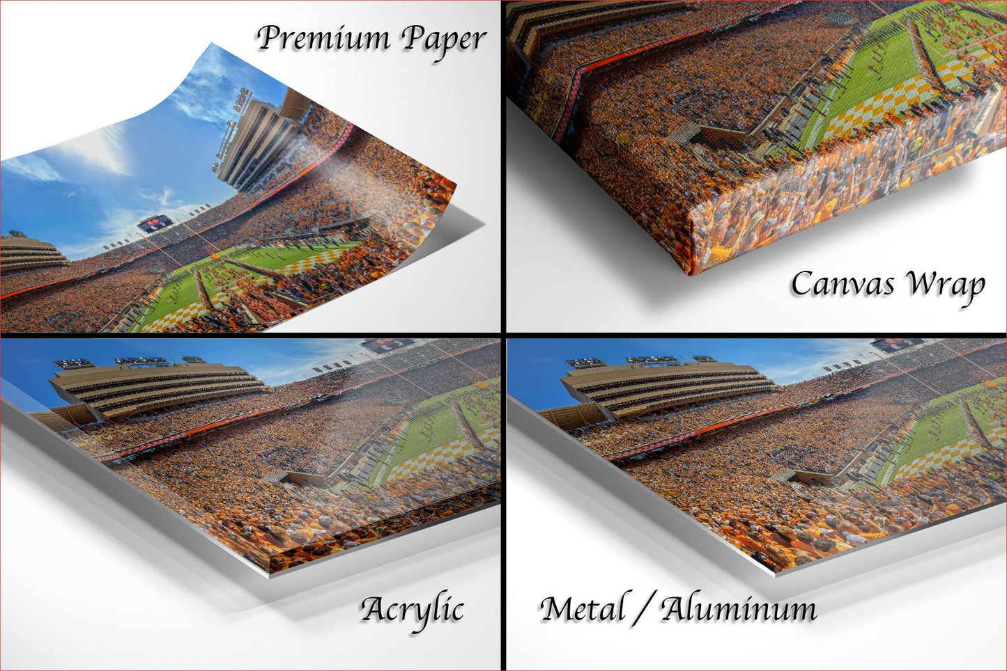 The image is a collage of four different images, each depicting a large stadium filled with spectators. The images are labeled as "Premium Paper", "Canvas Wrap", "Acrylic", and "Metal/Aluminum".