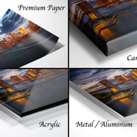 The image is a collage of four different views of a city skyline at sunset, with the cityscape appearing in various materials such as acrylic, metal, and canvas wrap.