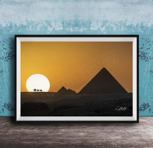 Giza Pyramids Art Print – Sunset Desert Scene With Camel Silhouette