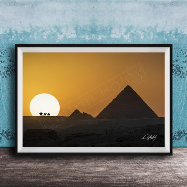 Giza Pyramids Art Print – Sunset Desert Scene With Camel Silhouette