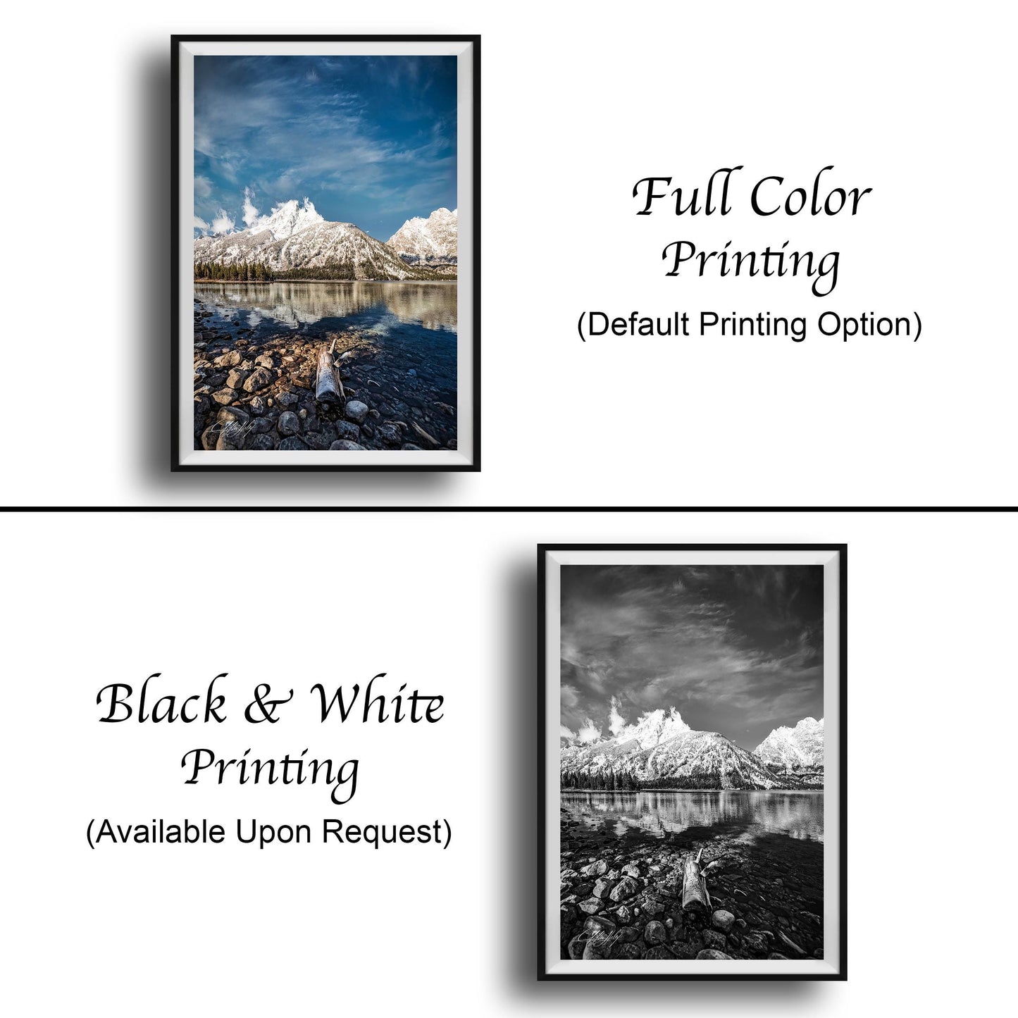 The image is a collage of two framed pictures, one in black and white and the other in full color. The black and white picture depicts a serene landscape with a lake and mountains, while the full color picture showcases the same landscape with vibrant colors. Both pictures are available upon request.
