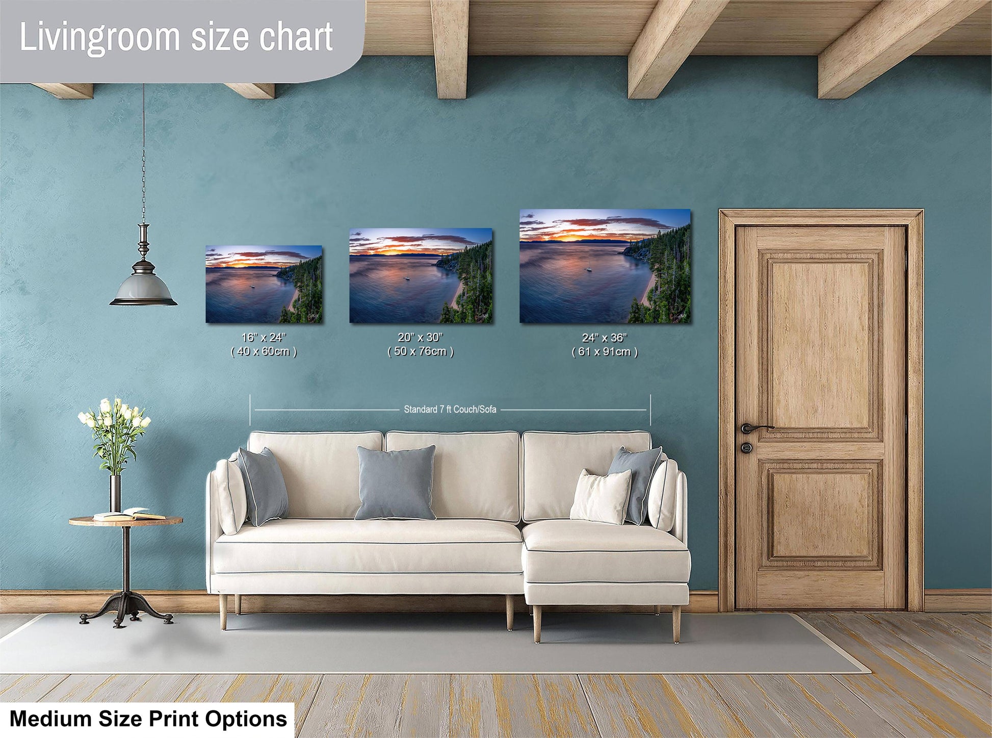 The image is a livingroom size chart with three framed landscape photographs of varying sizes, each depicting a different natural scene. The photographs are arranged in a row on the wall, with the largest one being 24 inches wide and the smallest one being 16 inches wide. The wall behind the photographs is painted in a light blue color, and there is a wooden door on the right side of the image.