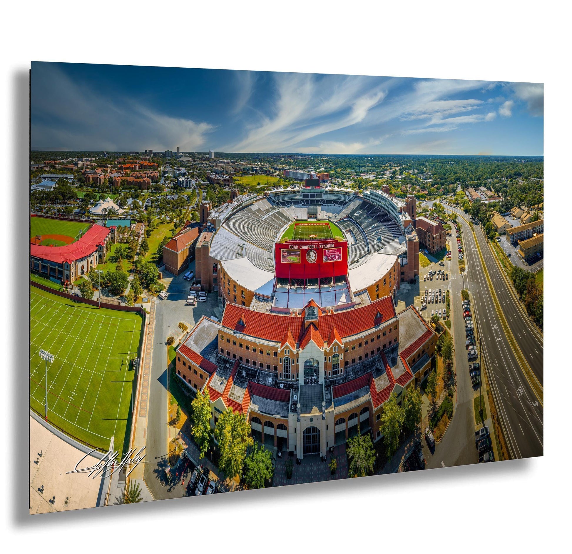 Florida State stadium art, Doak Campbell mid day photo, Seminole tradition print, FSU football wall decor, Unconquered aerial image, Fear the Spear art, college stadium Florida print, Tallahassee university photo, FSU campus fine art, Seminole Nation landscape