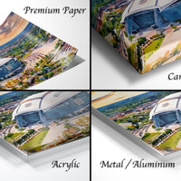 The image is a collage of four different views of a large building, likely a stadium, with the top left and bottom right images showing the building in a more detailed and realistic style, while the top right and bottom left images are more abstract and stylized.