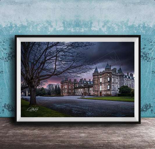 A framed photograph of a castle with a tree in the foreground, set against a dark, cloudy sky.