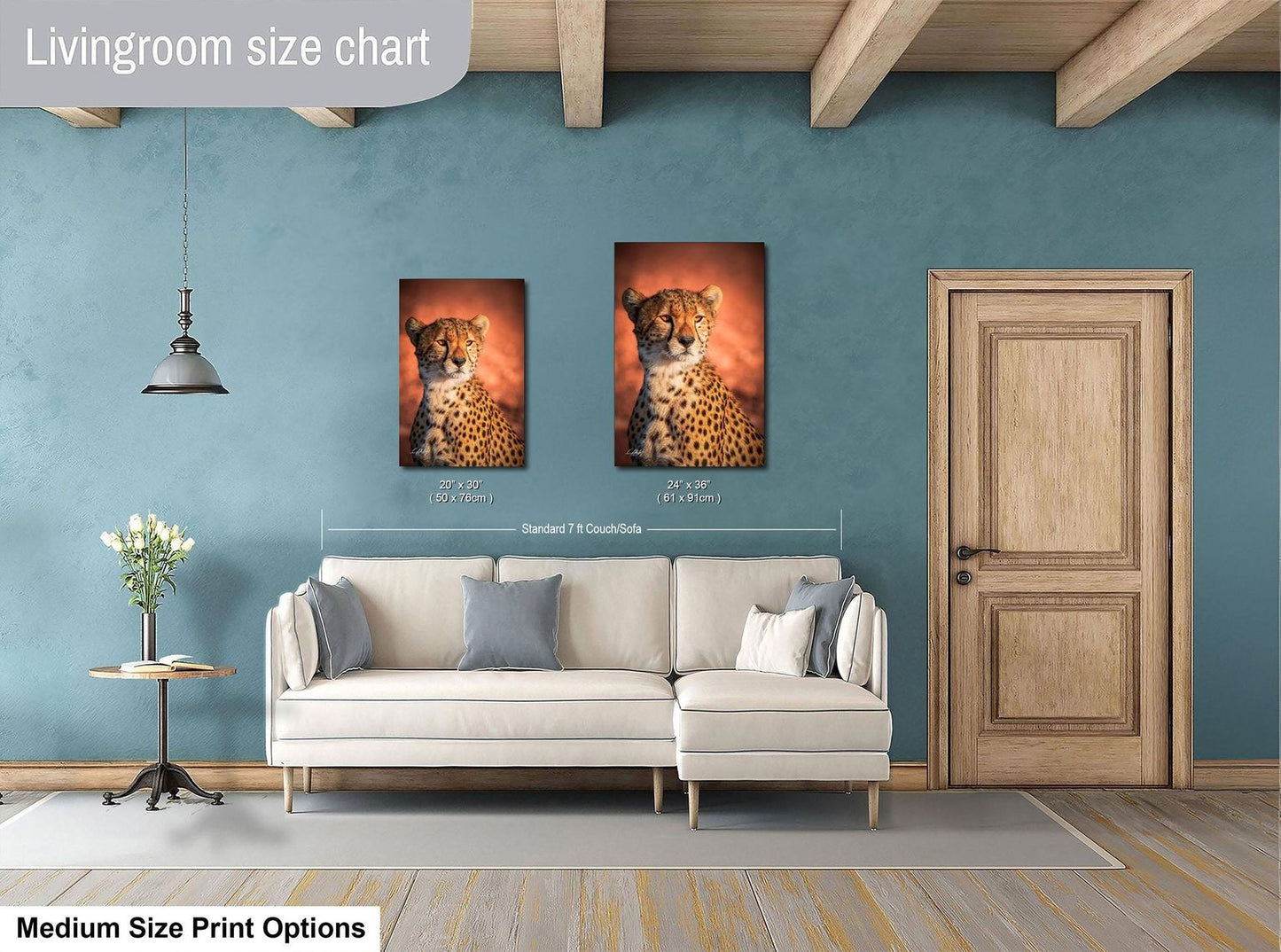 a living room with a white sofa, a wooden door, and a framed image of a cheetah on the wall.