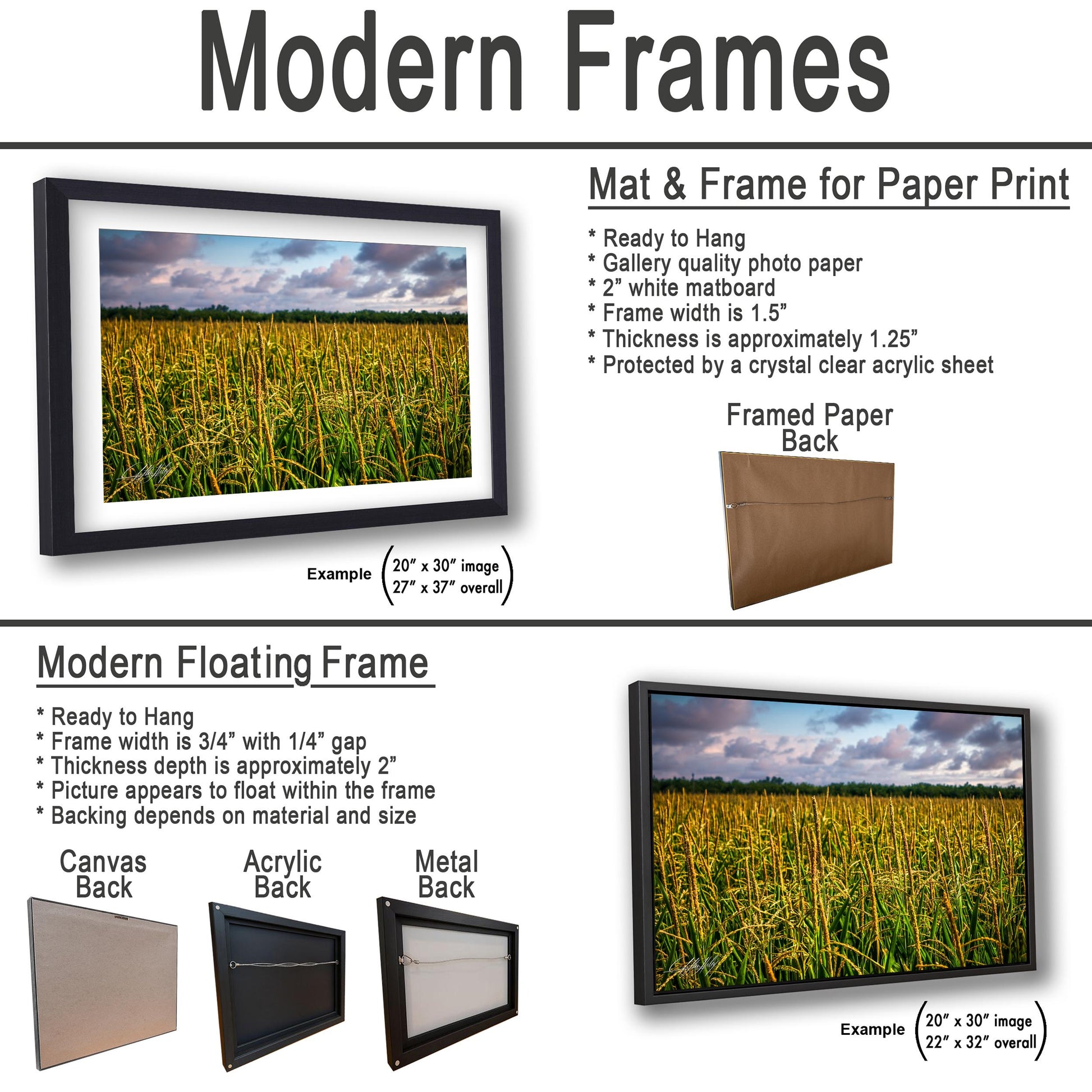 The image is a collage of three framed pictures, each with a different frame and backing material. The first frame is a mat and frame for a paper print, the second frame is a modern floating frame, and the third frame is a mat and frame for a paper print.