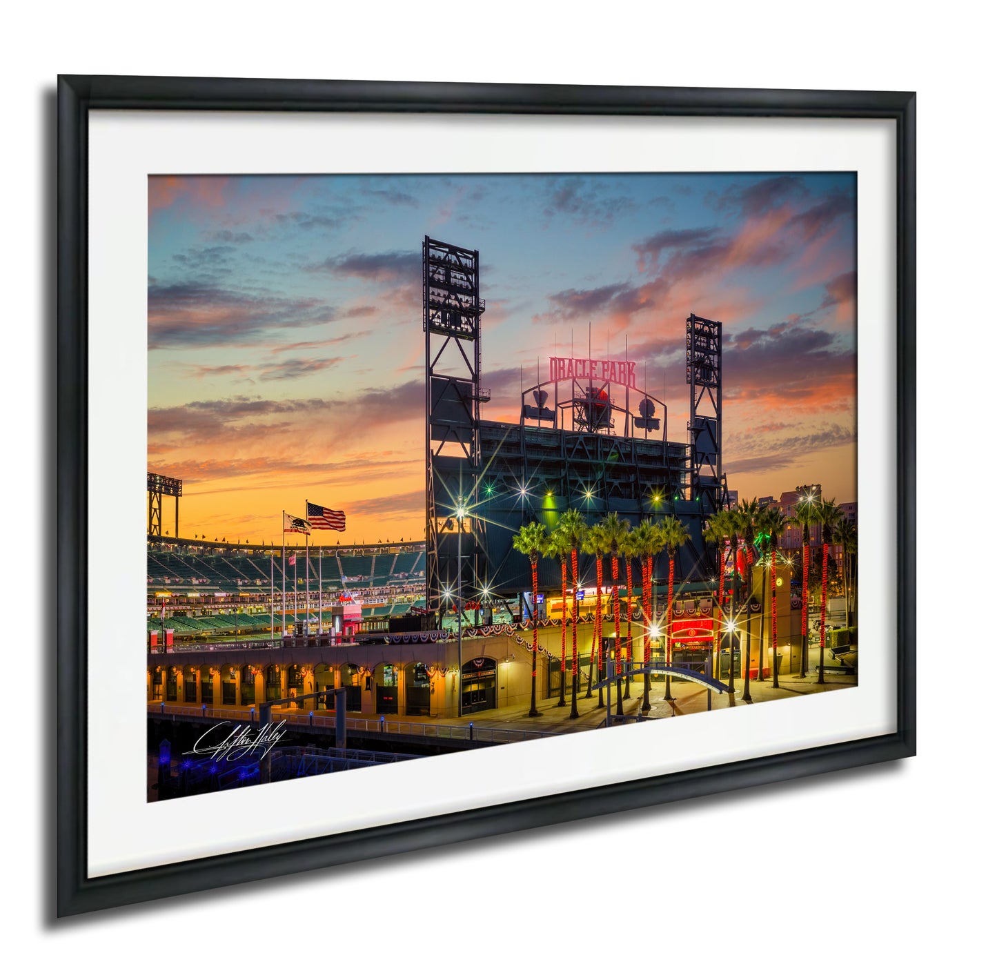 A framed photograph depicting a baseball stadium at sunset, with the stadium lights and surrounding palm trees illuminated against a colorful sky.