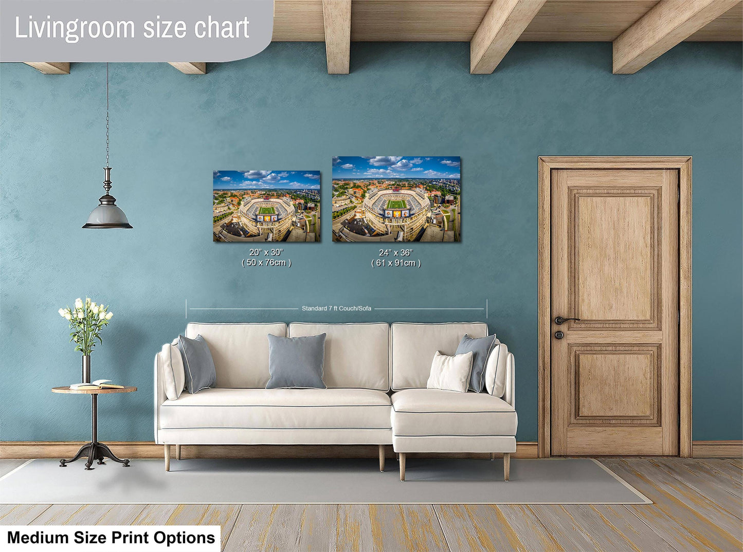 a living room with a white sofa, a wooden door, and a painting of a stadium on the wall. The painting is of a size chart for living room furniture, indicating the dimensions of the sofa and the door.