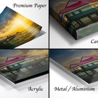 The image is a collage of four different views of a sunset over a house on a pier, with each view labeled as either "Premium Paper", "Canvas Wrap", "Acrylic", or "Metal/Aluminum".