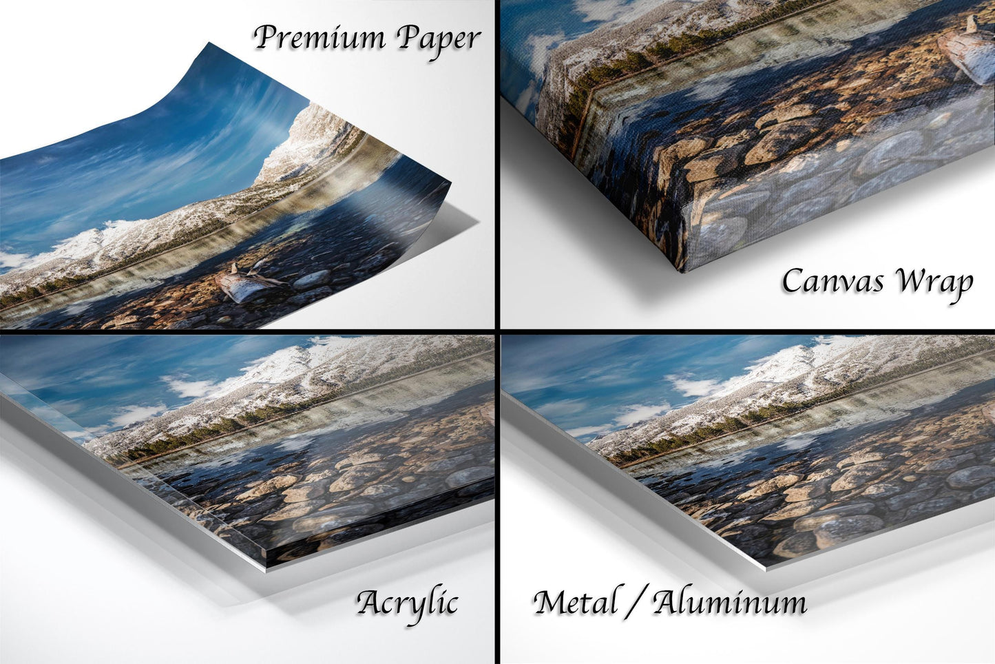 The image is a collage of four different images, each depicting a landscape scene. The images are labeled as "Premium Paper", "Canvas Wrap", "Acrylic", and "Metal/Aluminum".