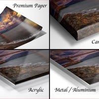 The image is a collage of four different views of a photograph of the Golden Gate Bridge, with each view labeled as either "Premium Paper", "Canvas Wrap", "Acrylic", or "Metal/Aluminum".
